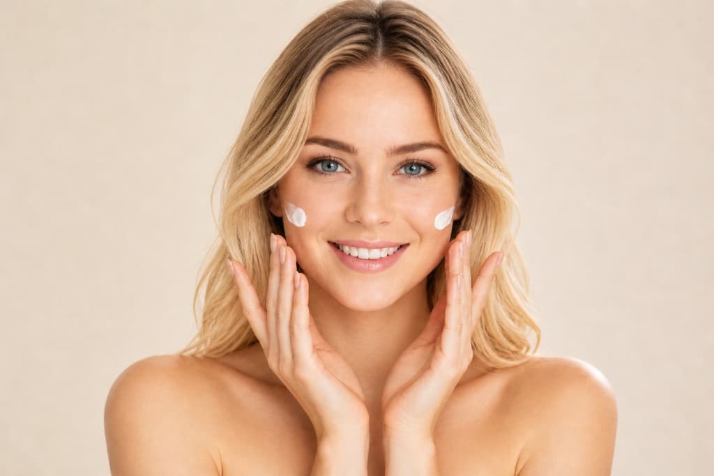 Mujer sonriente aplicando crema facial en las mejillas, rutina de skincare
